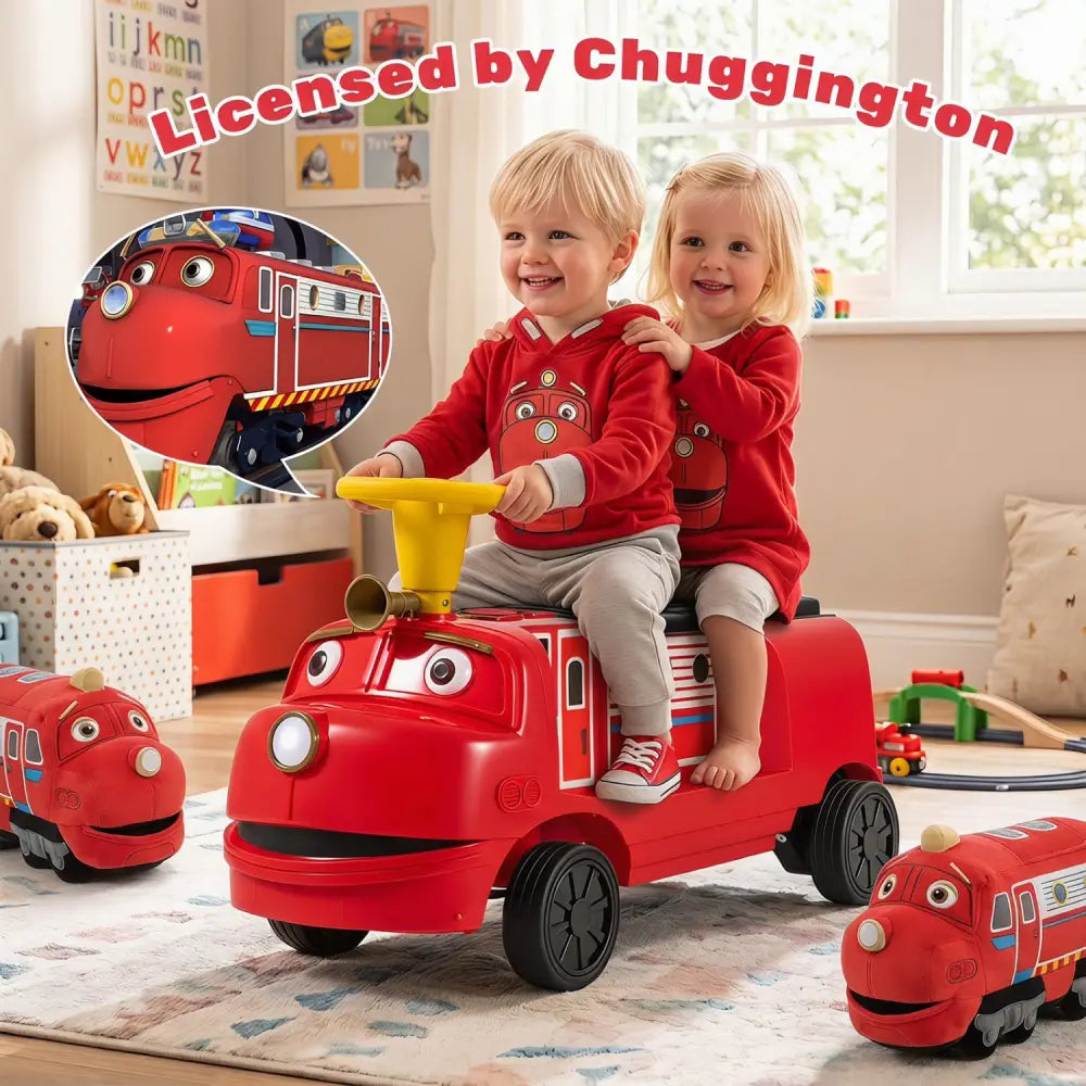 12V 2-Seater Kids Ride on Train with Height Adjustable Seat and Music Licensed Chuggington-Red - Red - Powered Ride