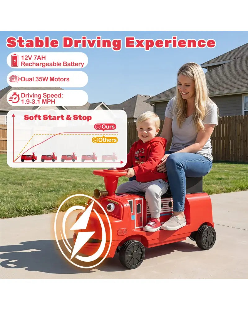 12V 2-Seater Kids Ride on Train with Height Adjustable Seat and Music Licensed Chuggington-Red - Red - Powered Ride