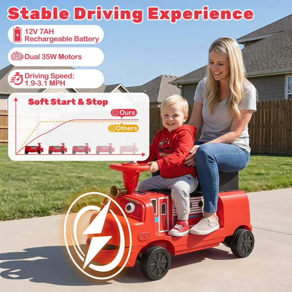 12V 2-Seater Kids Ride on Train with Height Adjustable Seat and Music Licensed Chuggington-Red - Red - Powered Ride