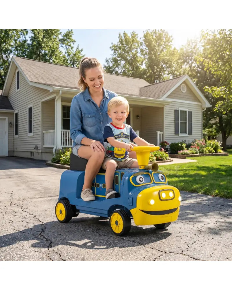12V 2-Seater Kids Ride on Train with Height Adjustable Seat and Music Licensed Chuggington-Blue - Blue - Powered Ride
