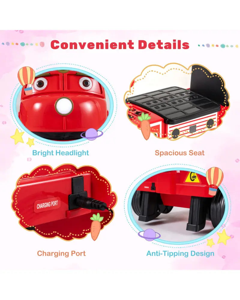 12V 2-Seater Kids Ride on Train with Height Adjustable Seat and Music Licensed Chuggington-Red - Red - Powered Ride