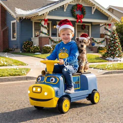 12V 2-Seater Kids Ride on Train with Height Adjustable Seat and Music Licensed Chuggington-Blue - Blue - Powered Ride