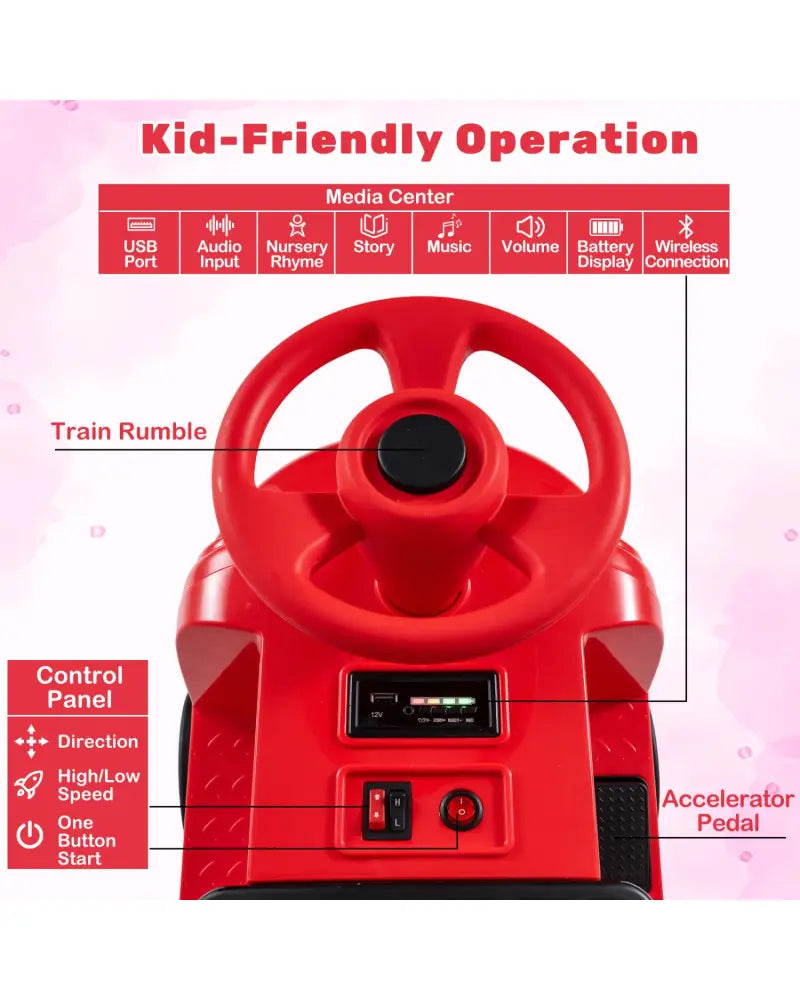 12V 2-Seater Kids Ride on Train with Height Adjustable Seat and Music Licensed Chuggington-Red - Red - Powered Ride