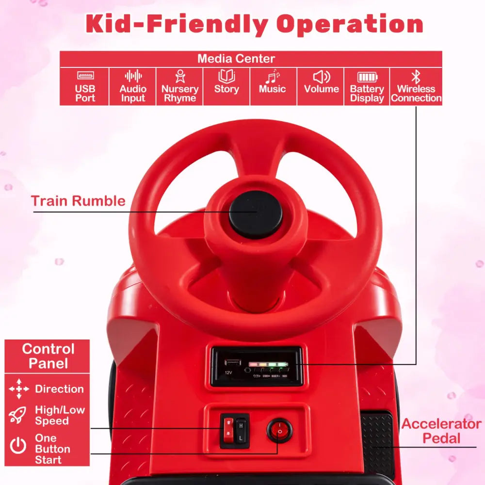 12V 2-Seater Kids Ride on Train with Height Adjustable Seat and Music Licensed Chuggington-Red - Red - Powered Ride