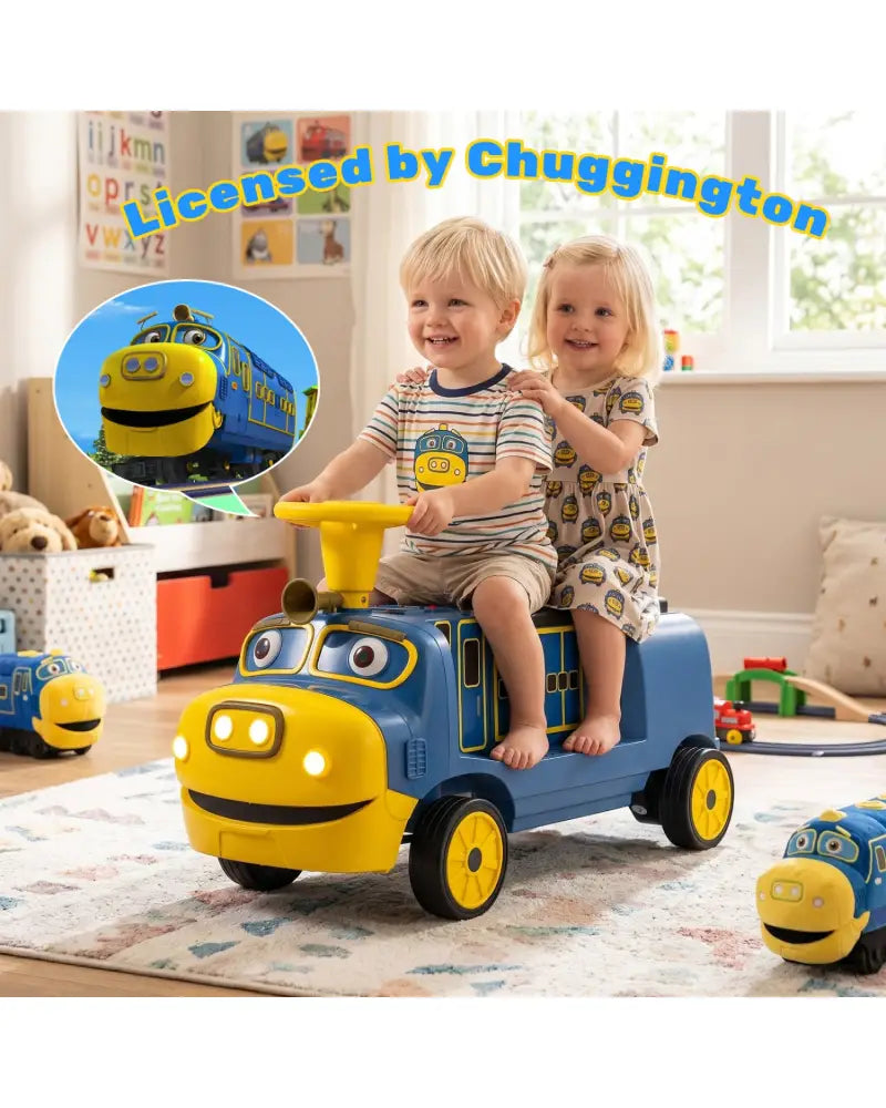 12V 2-Seater Kids Ride on Train with Height Adjustable Seat and Music Licensed Chuggington-Blue - Blue - Powered Ride