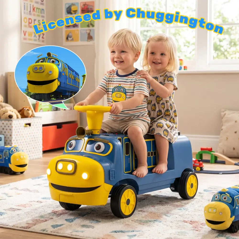 12V 2-Seater Kids Ride on Train with Height Adjustable Seat and Music Licensed Chuggington-Blue - Blue - Powered Ride