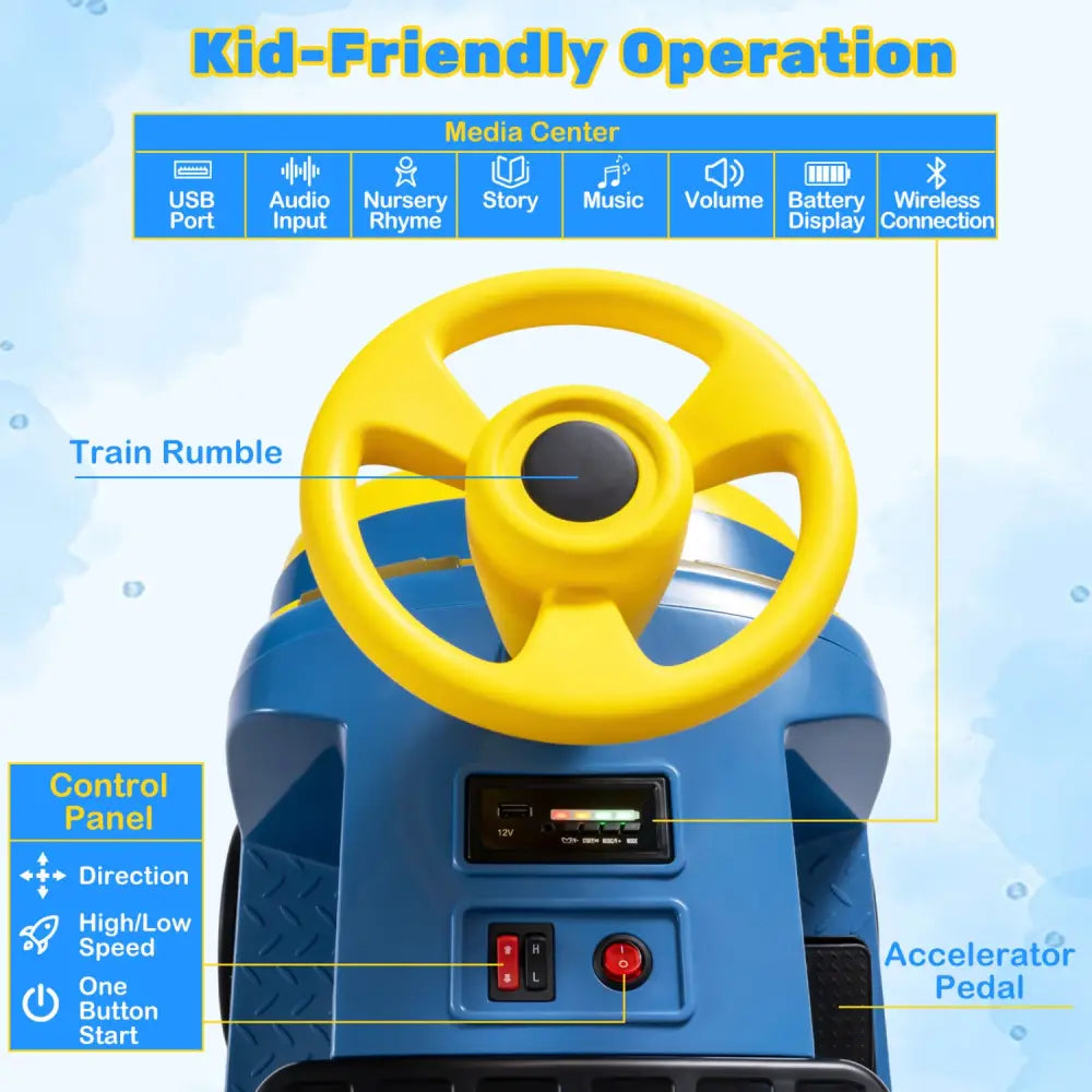 12V 2-Seater Kids Ride on Train with Height Adjustable Seat and Music Licensed Chuggington-Blue - Blue - Powered Ride