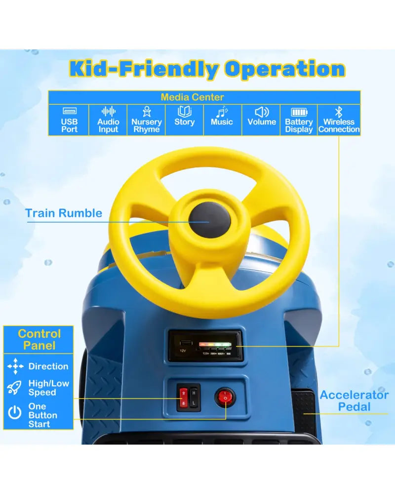 12V 2-Seater Kids Ride on Train with Height Adjustable Seat and Music Licensed Chuggington-Blue - Blue - Powered Ride
