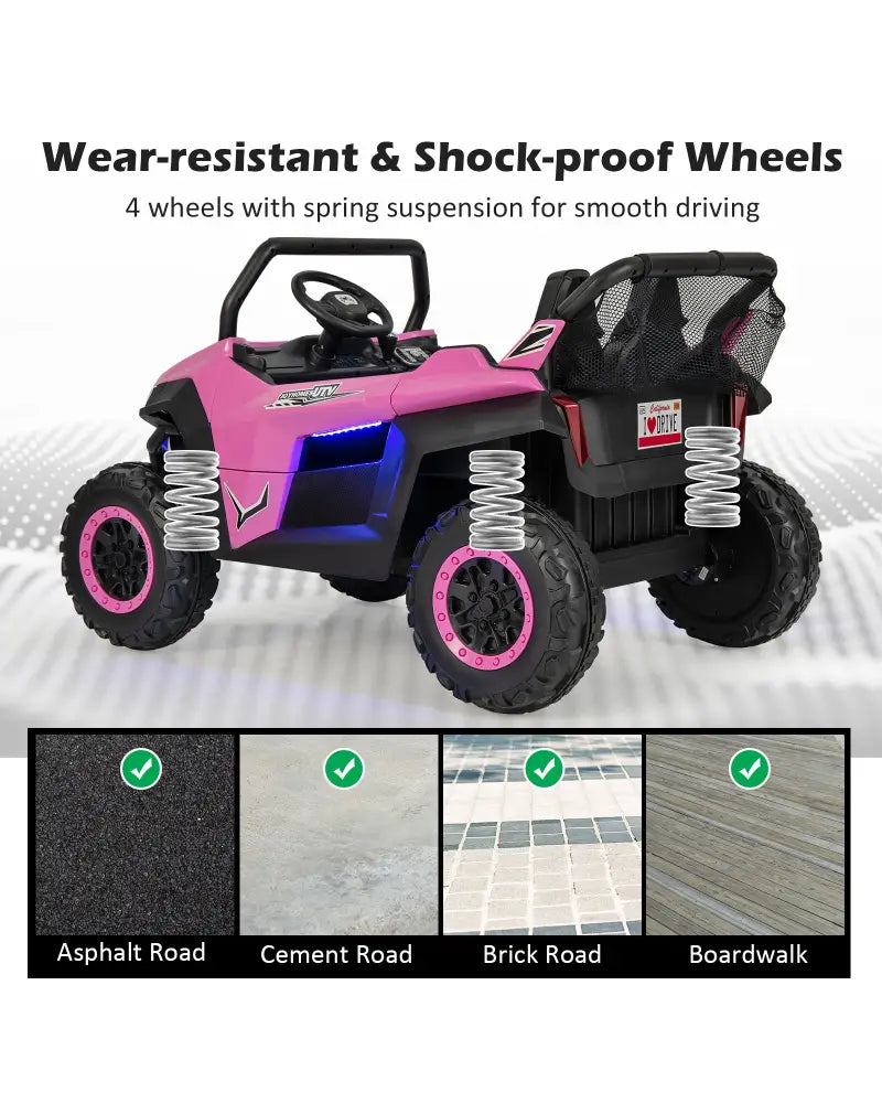 12V 2-Seater Kids Ride on UTV with Slow Start Function Music-Pink - Pink - Powered Ride On Toys