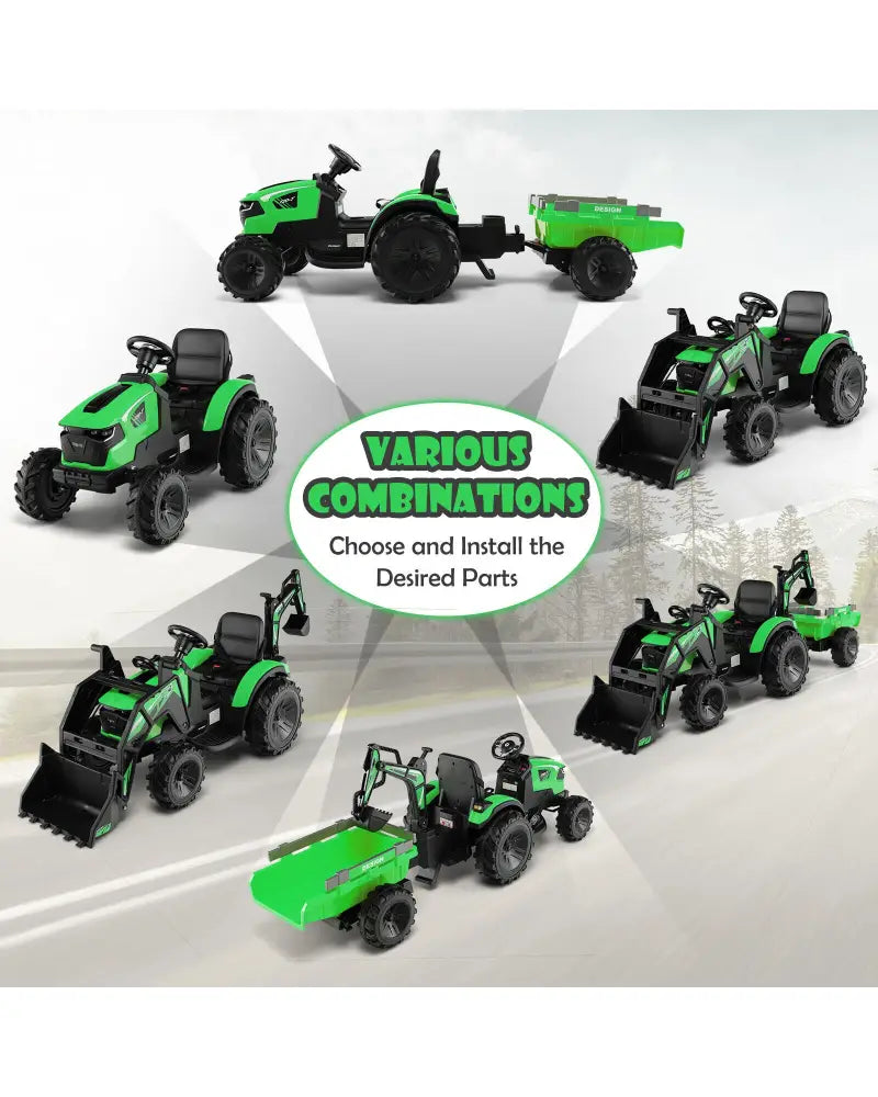 12V 3 in 1 Kids Ride On Excavator with Shovel Bucket and Music-Green - Green - Powered Ride On Toys