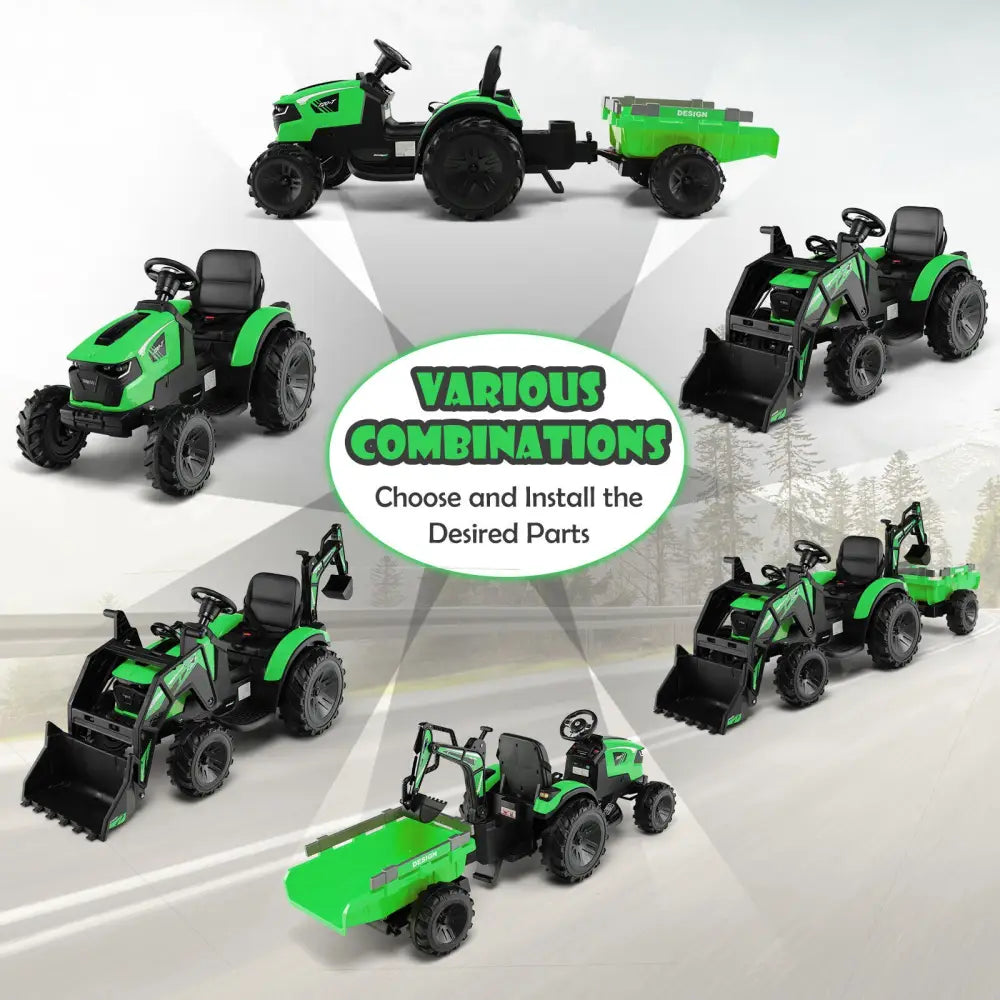 12V 3 in 1 Kids Ride On Excavator with Shovel Bucket and Music-Green - Green - Powered Ride On Toys