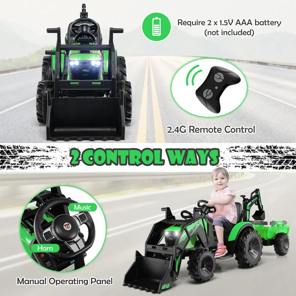 12V 3 in 1 Kids Ride On Excavator with Shovel Bucket and Music-Green - Green - Powered Ride On Toys