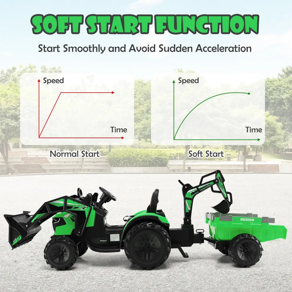 12V 3 in 1 Kids Ride On Excavator with Shovel Bucket and Music-Green - Green - Powered Ride On Toys