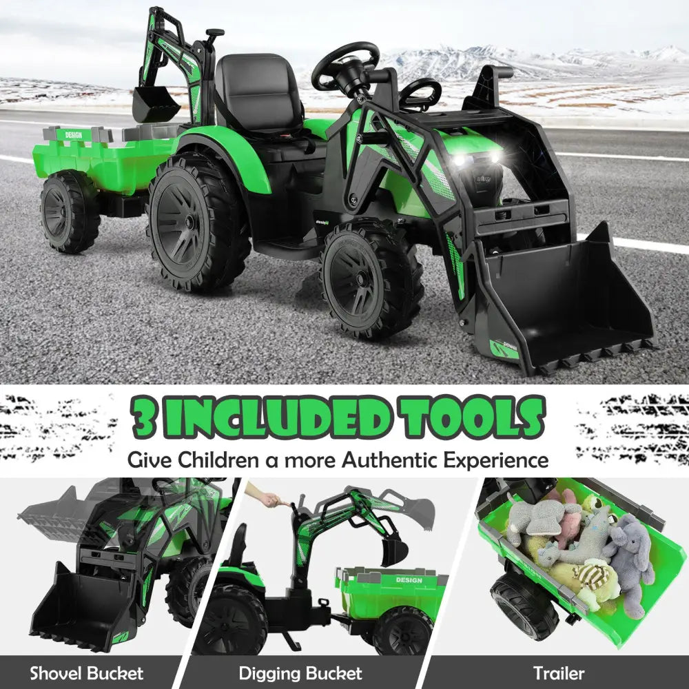 12V 3 in 1 Kids Ride On Excavator with Shovel Bucket and Music-Green - Green - Powered Ride On Toys