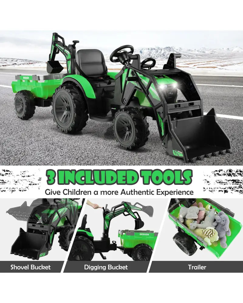 12V 3 in 1 Kids Ride On Excavator with Shovel Bucket and Music-Green - Green - Powered Ride On Toys