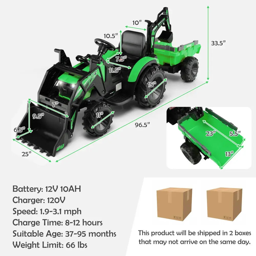 12V 3 in 1 Kids Ride On Excavator with Shovel Bucket and Music-Green - Green - Powered Ride On Toys