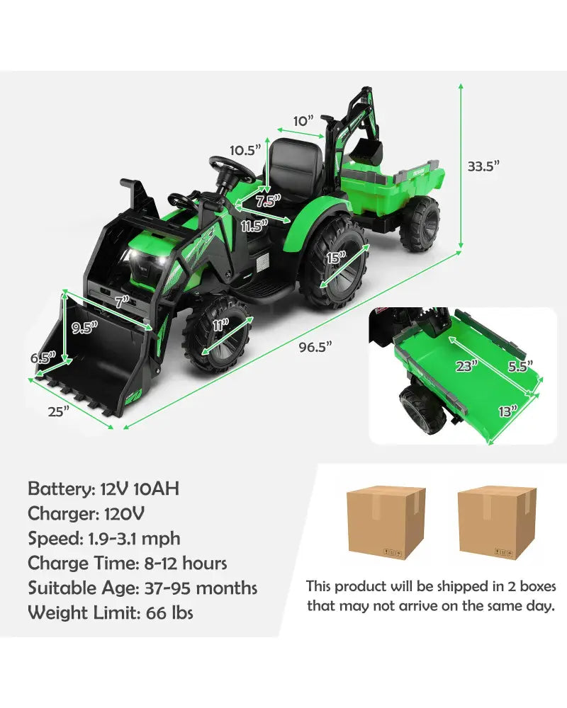 12V 3 in 1 Kids Ride On Excavator with Shovel Bucket and Music-Green - Green - Powered Ride On Toys
