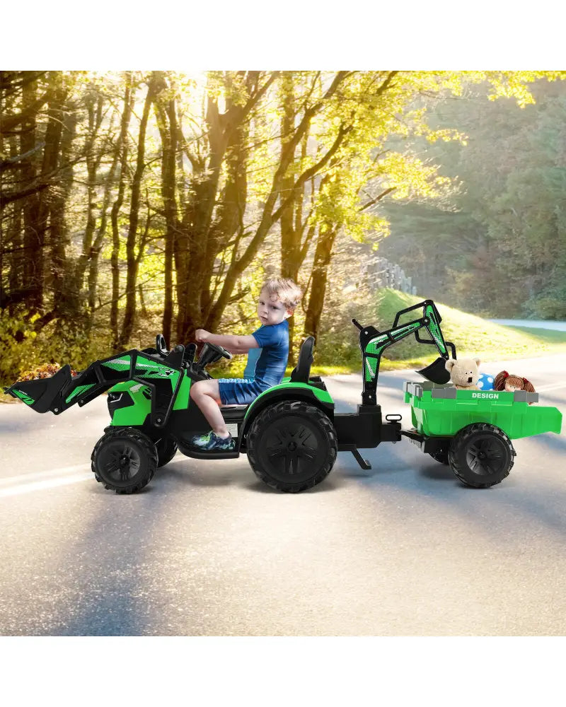 12V 3 in 1 Kids Ride On Excavator with Shovel Bucket and Music-Green - Green - Powered Ride On Toys