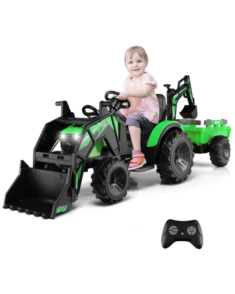 12V 3 in 1 Kids Ride On Excavator with Shovel Bucket and Music-Green - Green - Powered Ride On Toys