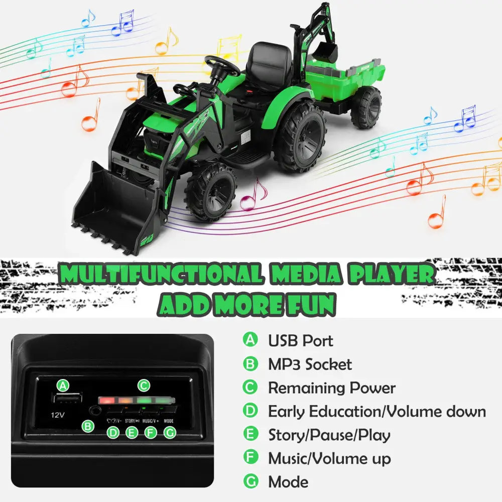 12V 3 in 1 Kids Ride On Excavator with Shovel Bucket and Music-Green - Green - Powered Ride On Toys
