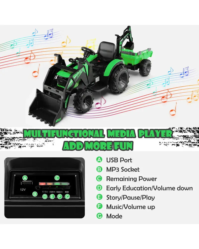 12V 3 in 1 Kids Ride On Excavator with Shovel Bucket and Music-Green - Green - Powered Ride On Toys