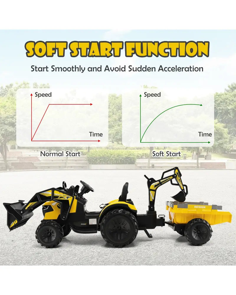 12V 3 in 1 Kids Ride On Excavator with Shovel Bucket and Music-Yellow - Yellow - Powered Ride On Toys