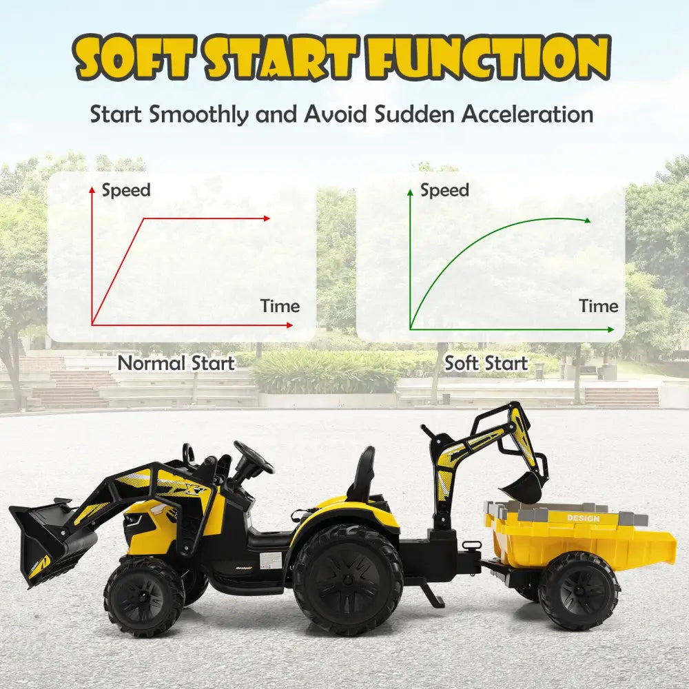 12V 3 in 1 Kids Ride On Excavator with Shovel Bucket and Music-Yellow - Yellow - Powered Ride On Toys
