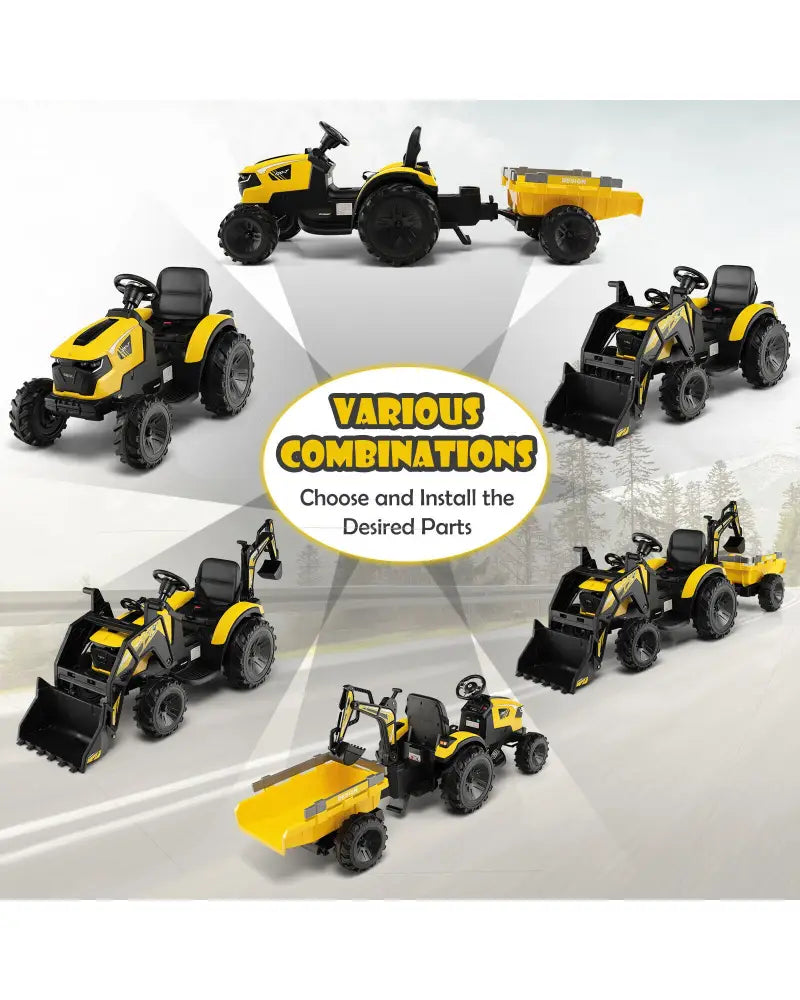 12V 3 in 1 Kids Ride On Excavator with Shovel Bucket and Music-Yellow - Yellow - Powered Ride On Toys
