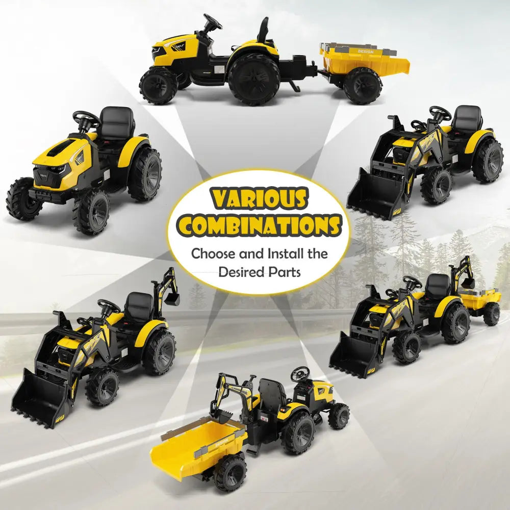 12V 3 in 1 Kids Ride On Excavator with Shovel Bucket and Music-Yellow - Yellow - Powered Ride On Toys