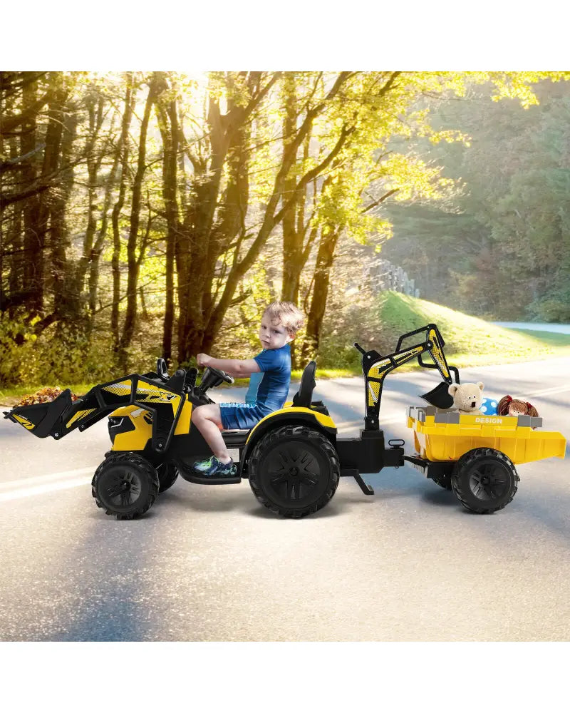 12V 3 in 1 Kids Ride On Excavator with Shovel Bucket and Music-Yellow - Yellow - Powered Ride On Toys