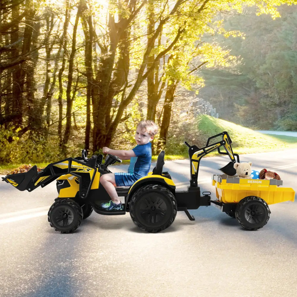 12V 3 in 1 Kids Ride On Excavator with Shovel Bucket and Music-Yellow - Yellow - Powered Ride On Toys
