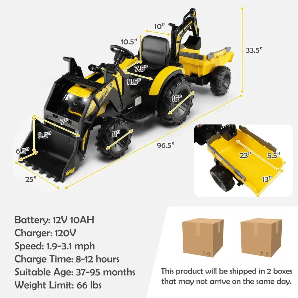 12V 3 in 1 Kids Ride On Excavator with Shovel Bucket and Music-Yellow - Yellow - Powered Ride On Toys