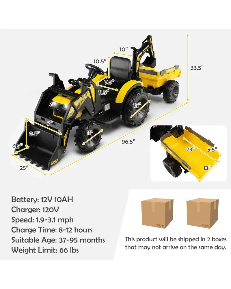 12V 3 in 1 Kids Ride On Excavator with Shovel Bucket and Music-Yellow - Yellow - Powered Ride On Toys