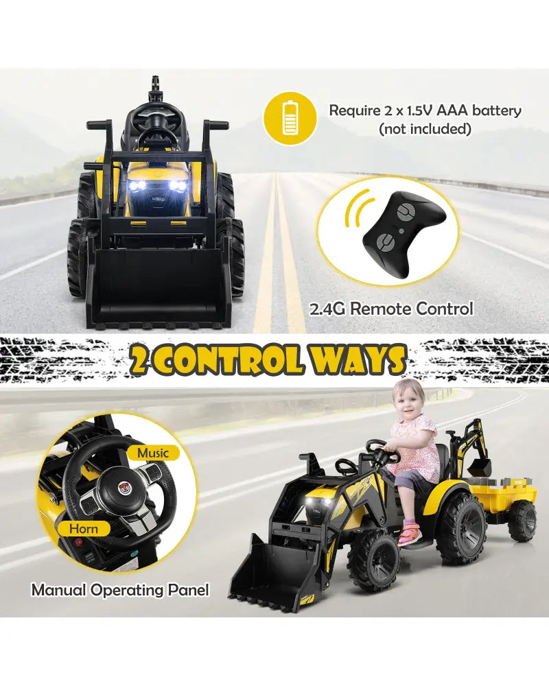 12V 3 in 1 Kids Ride On Excavator with Shovel Bucket and Music-Yellow - Yellow - Powered Ride On Toys