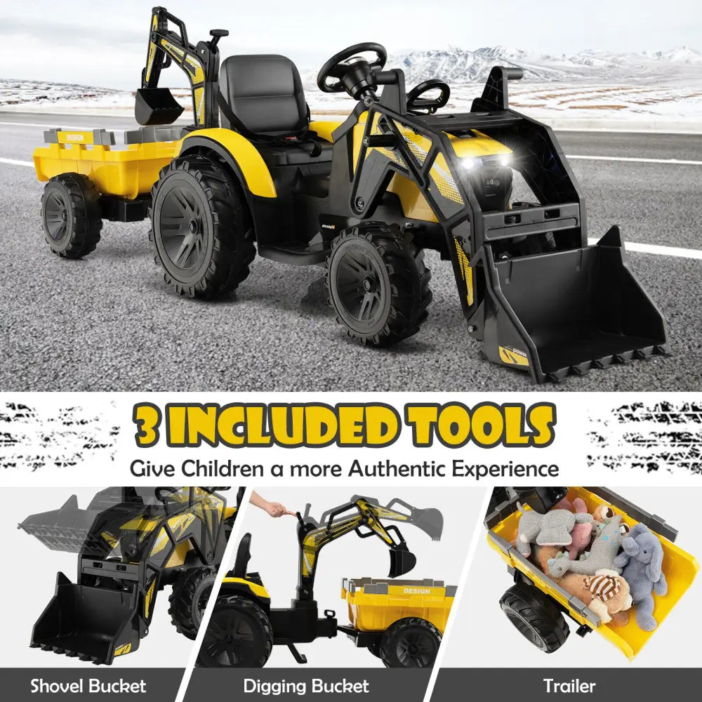 12V 3 in 1 Kids Ride On Excavator with Shovel Bucket and Music-Yellow - Yellow - Powered Ride On Toys