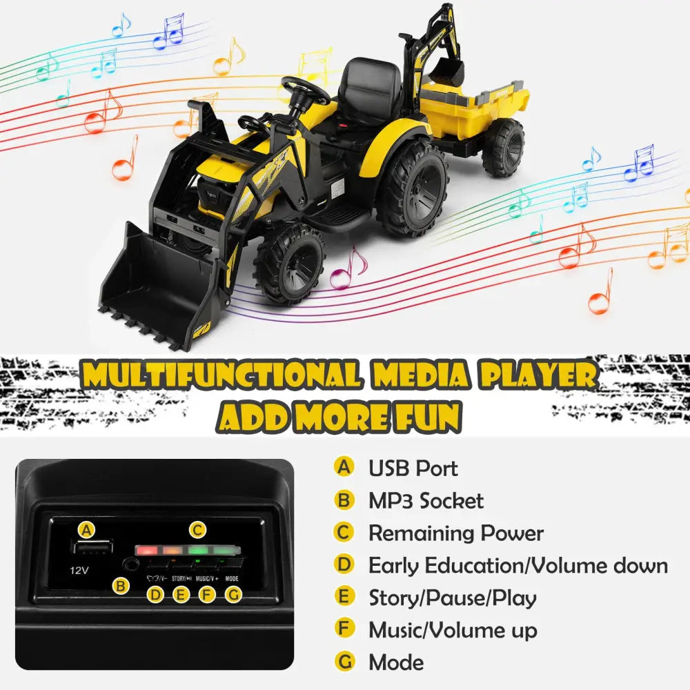 12V 3 in 1 Kids Ride On Excavator with Shovel Bucket and Music-Yellow - Yellow - Powered Ride On Toys