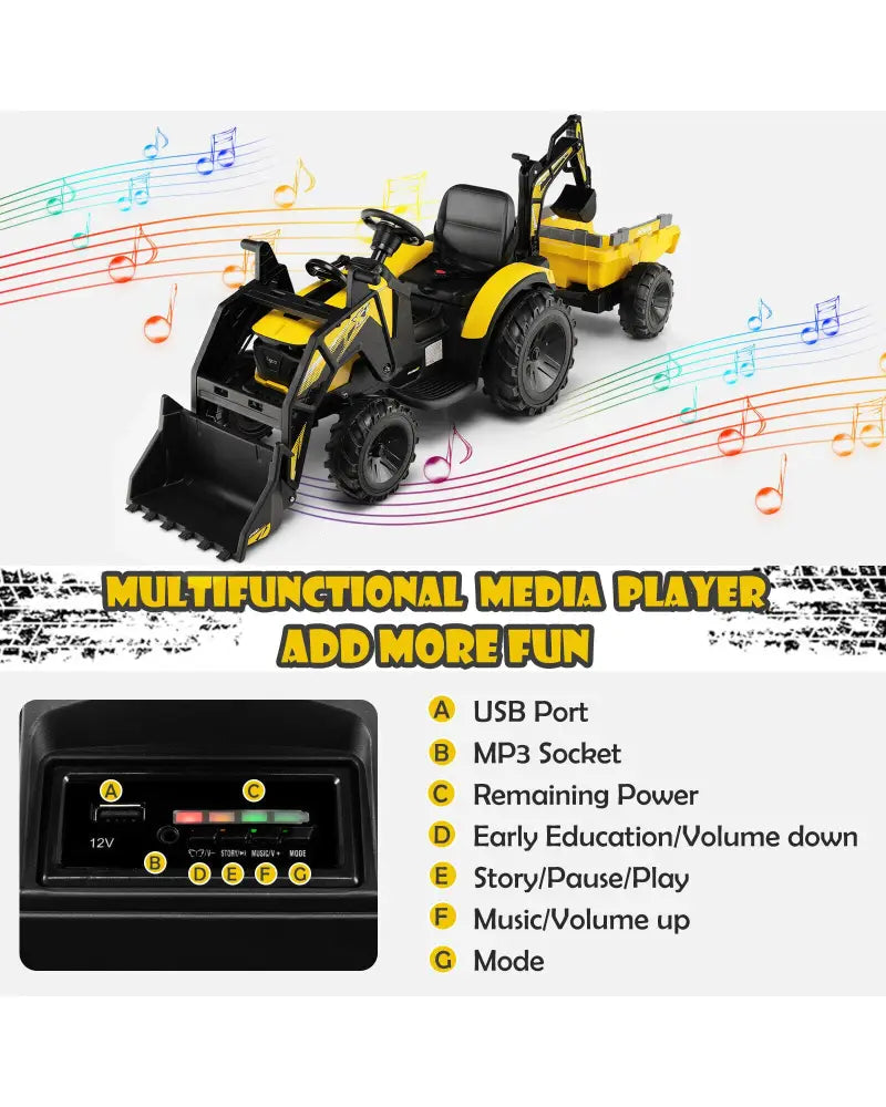 12V 3 in 1 Kids Ride On Excavator with Shovel Bucket and Music-Yellow - Yellow - Powered Ride On Toys