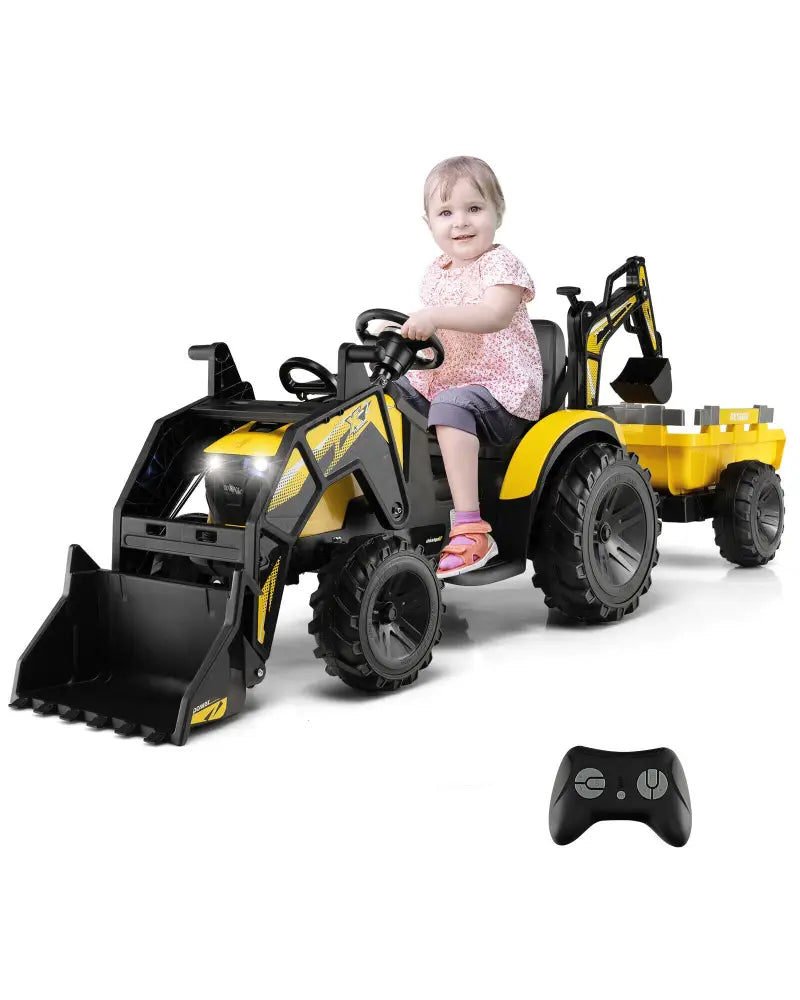 12V 3 in 1 Kids Ride On Excavator with Shovel Bucket and Music-Yellow - Yellow - Powered Ride On Toys