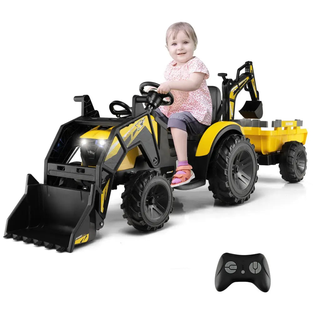12V 3 in 1 Kids Ride On Excavator with Shovel Bucket and Music-Yellow - Yellow - Powered Ride On Toys