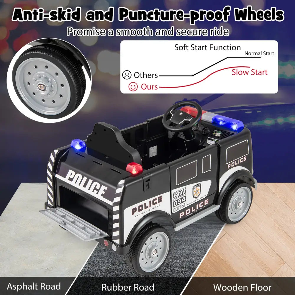 12V Battery Powered Electric Vehicle with 3 Speeds and Megaphone-Black - Black - Powered Ride On Toys