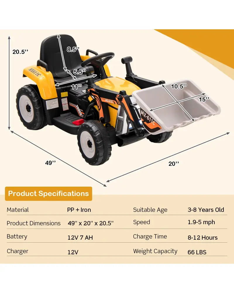 12V Battery Powered Kids Ride on Excavator with Adjustable Arm and Bucket-Yellow - Yellow - Powered Ride On Toys