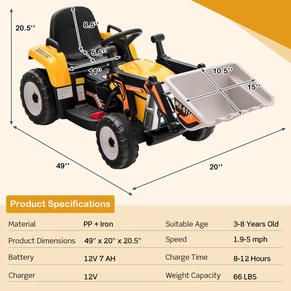 12V Battery Powered Kids Ride on Excavator with Adjustable Arm and Bucket-Yellow - Yellow - Powered Ride On Toys