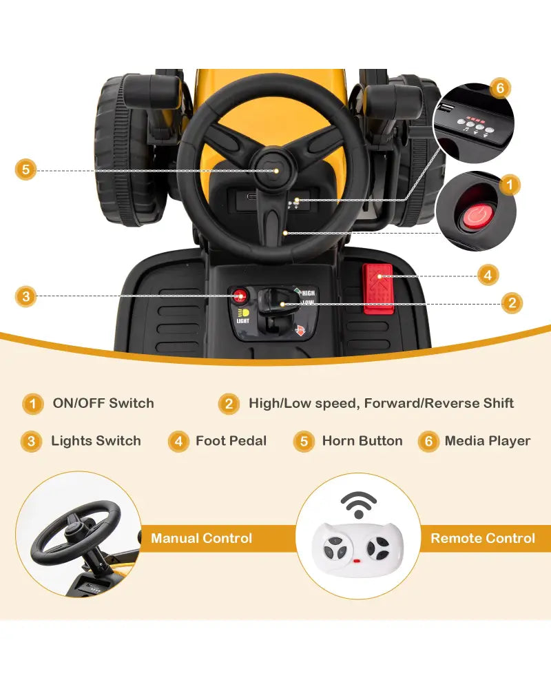 12V Battery Powered Kids Ride on Excavator with Adjustable Arm and Bucket-Yellow - Yellow - Powered Ride On Toys