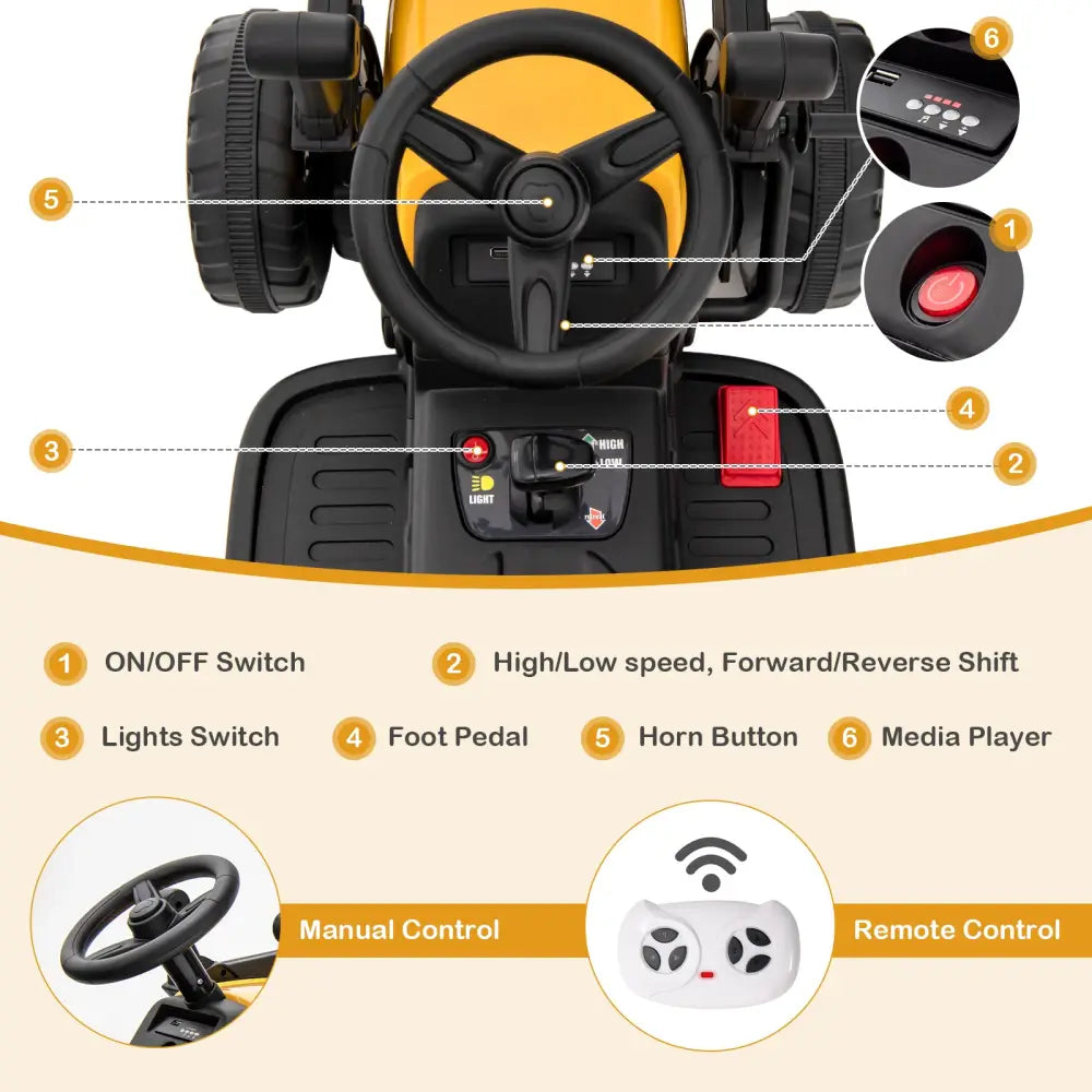 12V Battery Powered Kids Ride on Excavator with Adjustable Arm and Bucket-Yellow - Yellow - Powered Ride On Toys