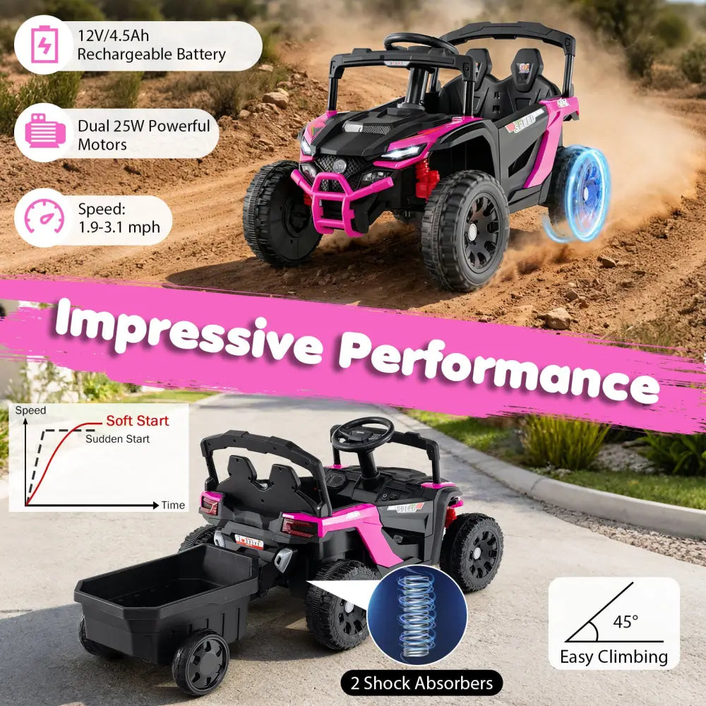 12V Battery Powered Ride On Tractor with Parent Remote Control-Black and Pink - Black & Pink - Powered Ride On Toys