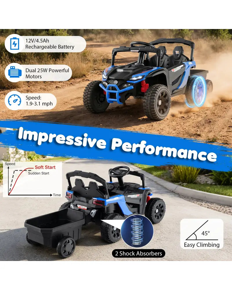 12V Battery Powered Ride On Tractor with Parent Remote Control-Black and Blue - Black & Blue - Powered Ride On Toys