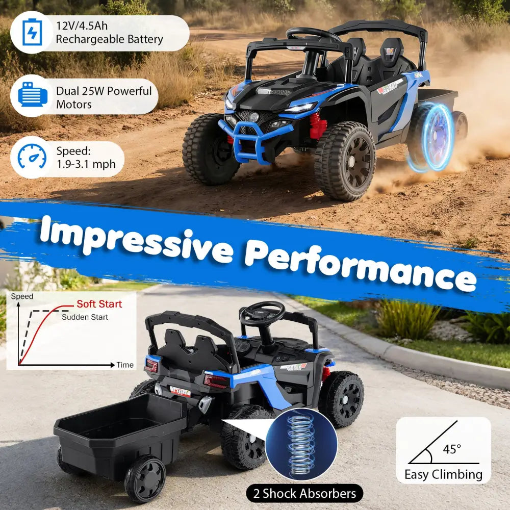 12V Battery Powered Ride On Tractor with Parent Remote Control-Black and Blue - Black & Blue - Powered Ride On Toys