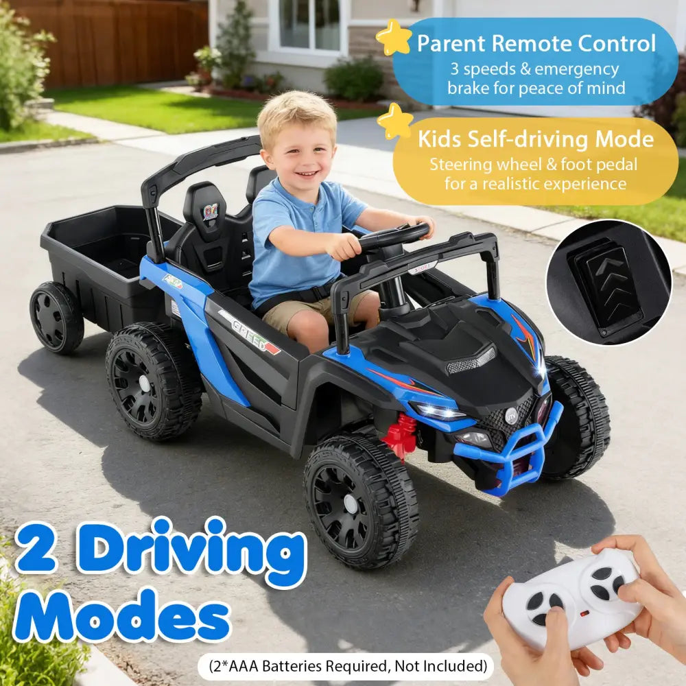 12V Battery Powered Ride On Tractor with Parent Remote Control-Black and Blue - Black & Blue - Powered Ride On Toys