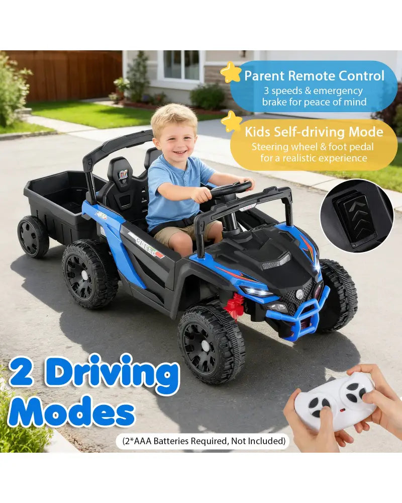 12V Battery Powered Ride On Tractor with Parent Remote Control-Black and Blue - Black & Blue - Powered Ride On Toys
