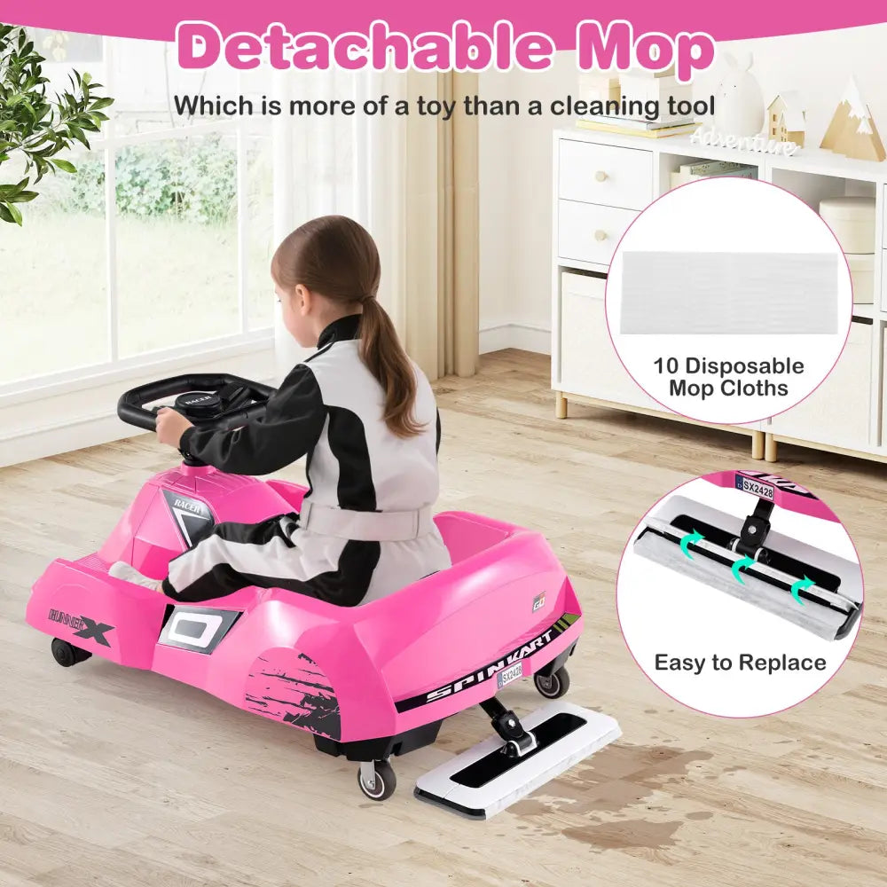 12V Electric Cleaning Go Kart with Detachable Mop and Remote Control-Pink - Pink - Powered Ride On Toys